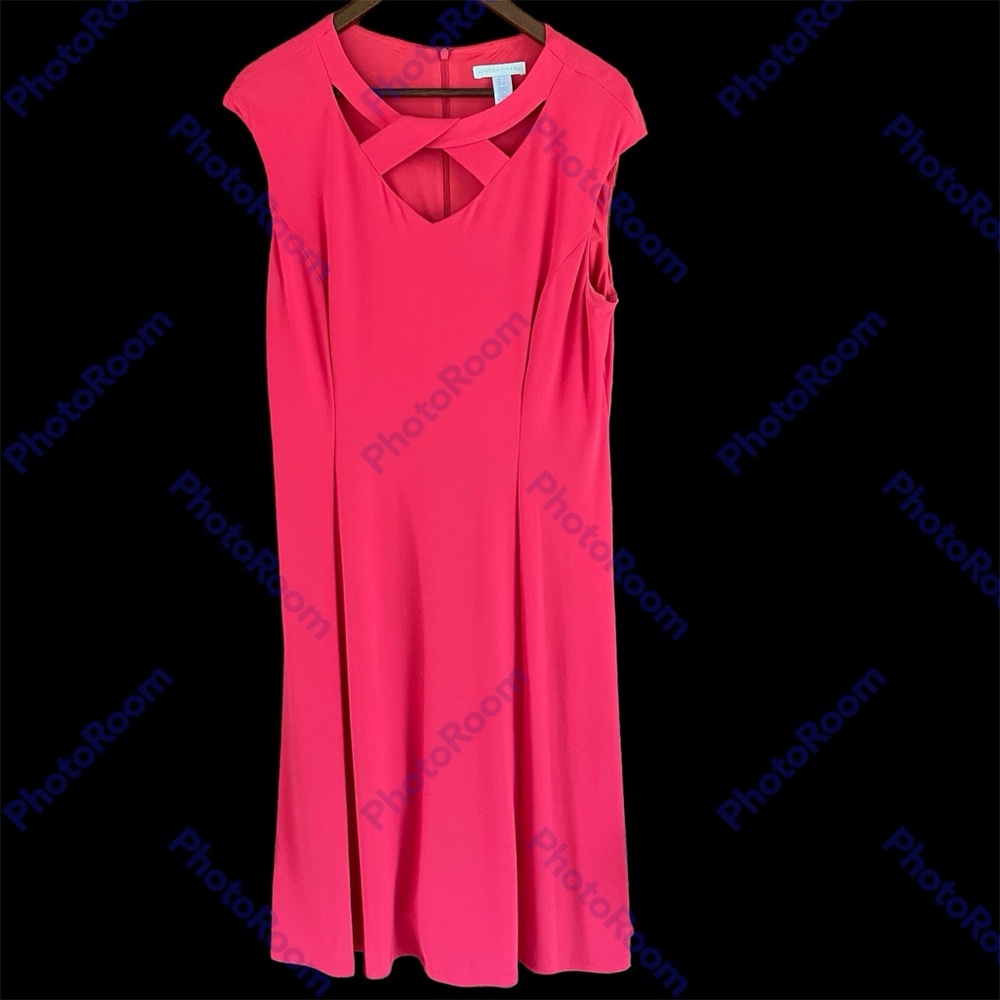 London Times Pink Sleeveless Sheath Dress, Sz 14, Pleated, Below The Knee Length